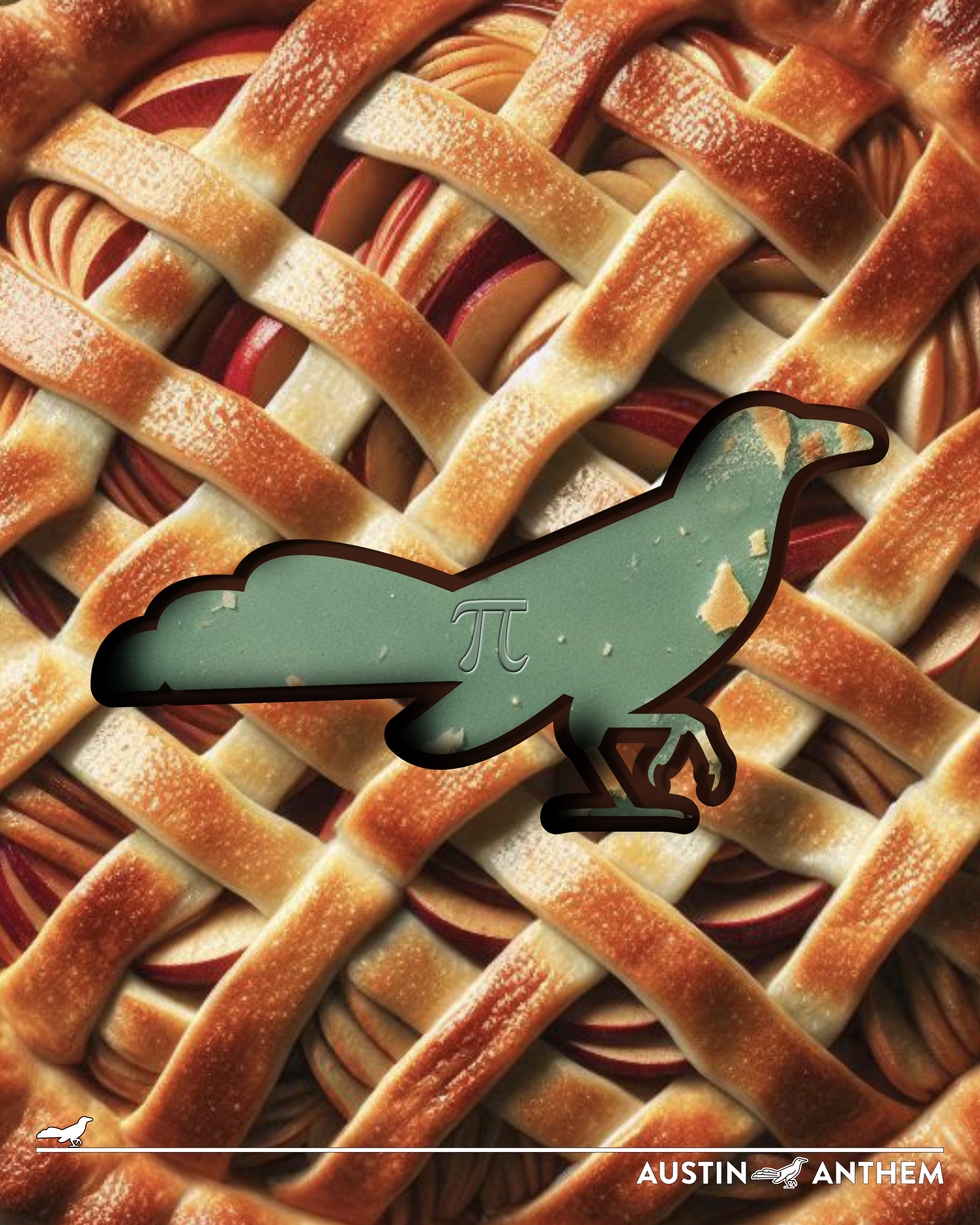 A close-up picture of an apple pie with a grackle-shaped slice cut out of the middle of it. Below is a green plate with a pi-symbol embossed on it.